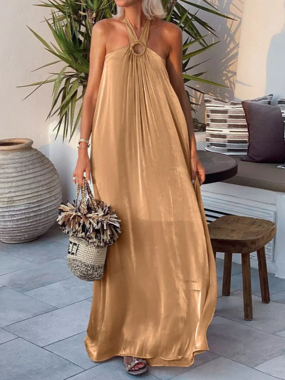 maxi dress in golden featuring o-ring detail and loose fit