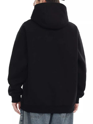 Black oversized hoodie with a graphic print on the back, long sleeves, and a hood.