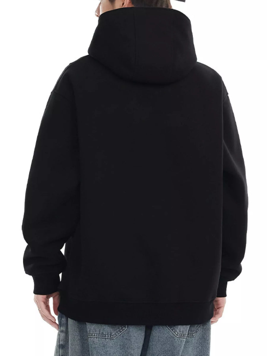 Black oversized hoodie with a graphic print on the back, long sleeves, and a hood.
