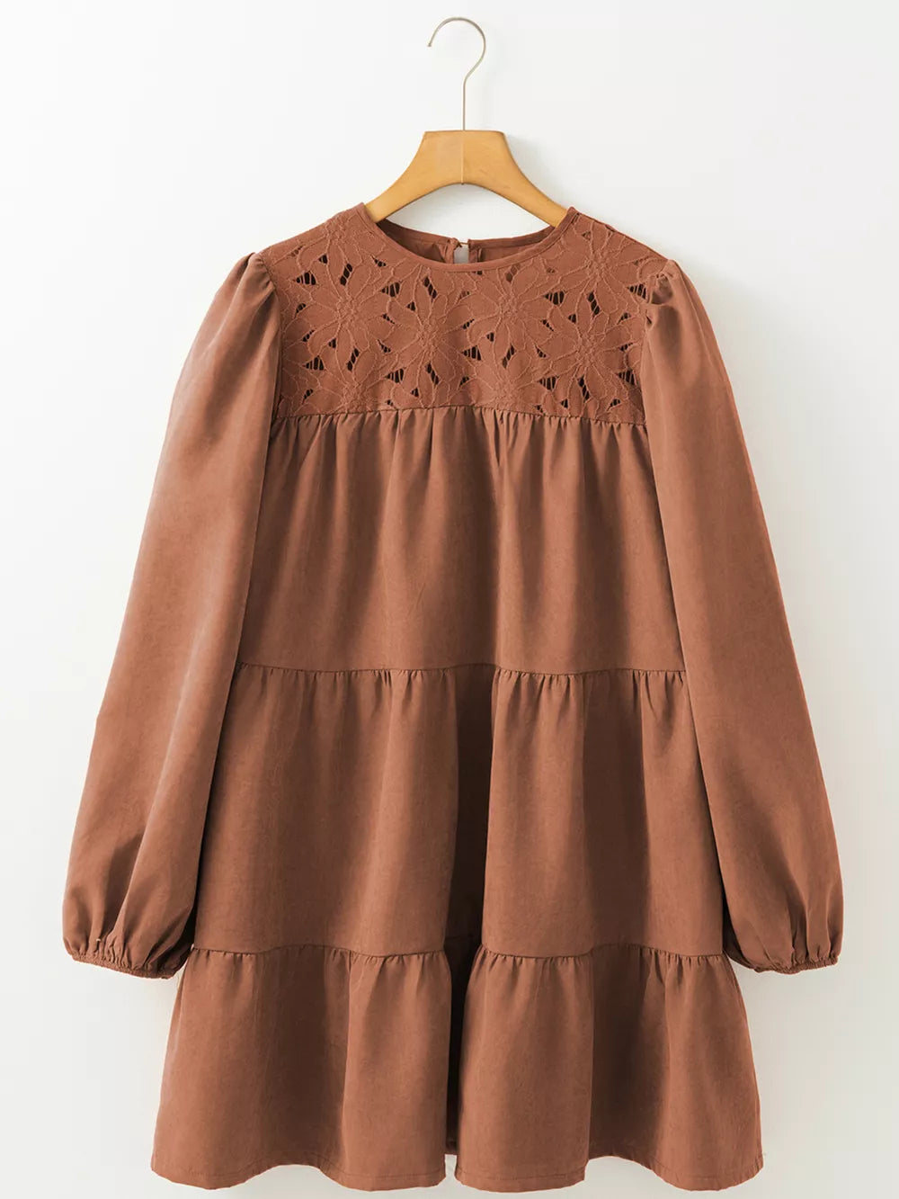 Caramel mini dress featuring tiered and floral