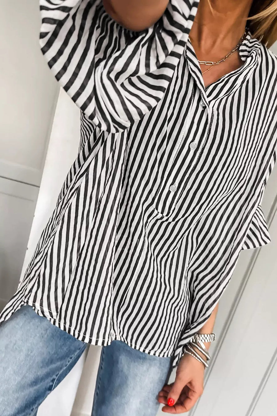 Striped Half Sleeve Button-up Shirt in Black