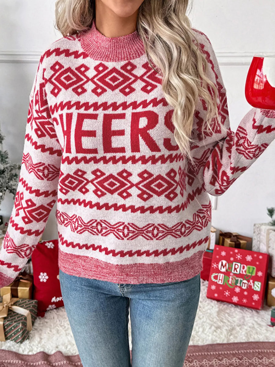 Red and white patterned sweater with "CHEERS" graphic and round neck.