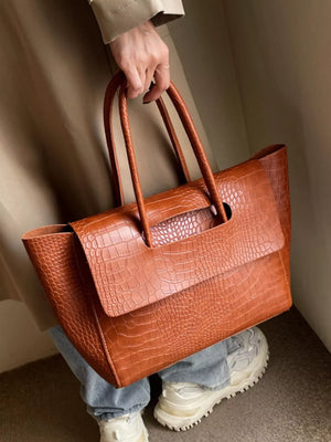 Brown with Crocodile-embossed Shoulder Bag in Brown