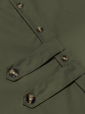 Men's military green cotton long-sleeve shirt with button details and chest pockets.