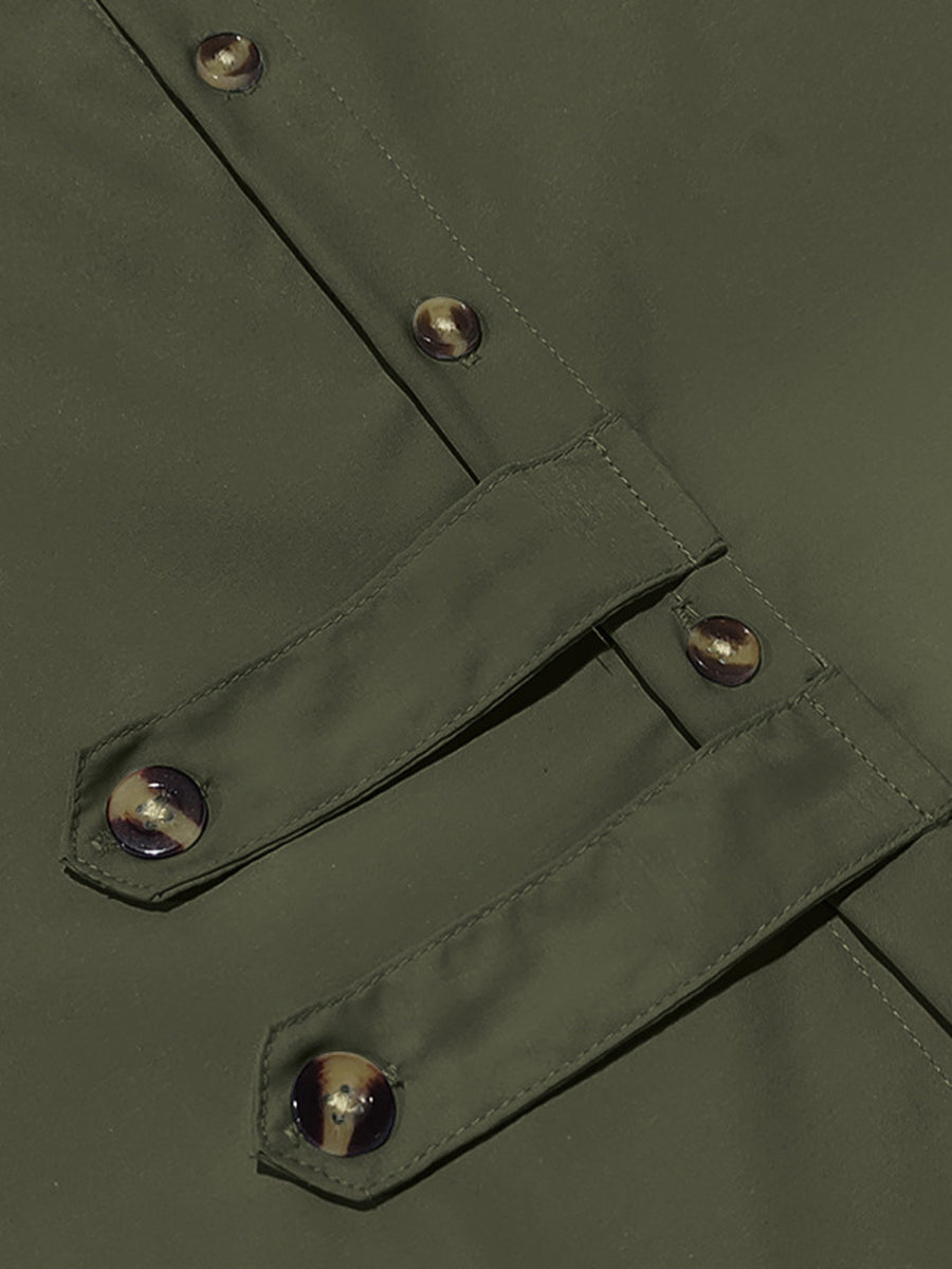 Men's military green cotton long-sleeve shirt with button details and chest pockets.