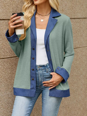 Contrast Denim Lapel Collar Trench Coat in Khaki with buttoned
