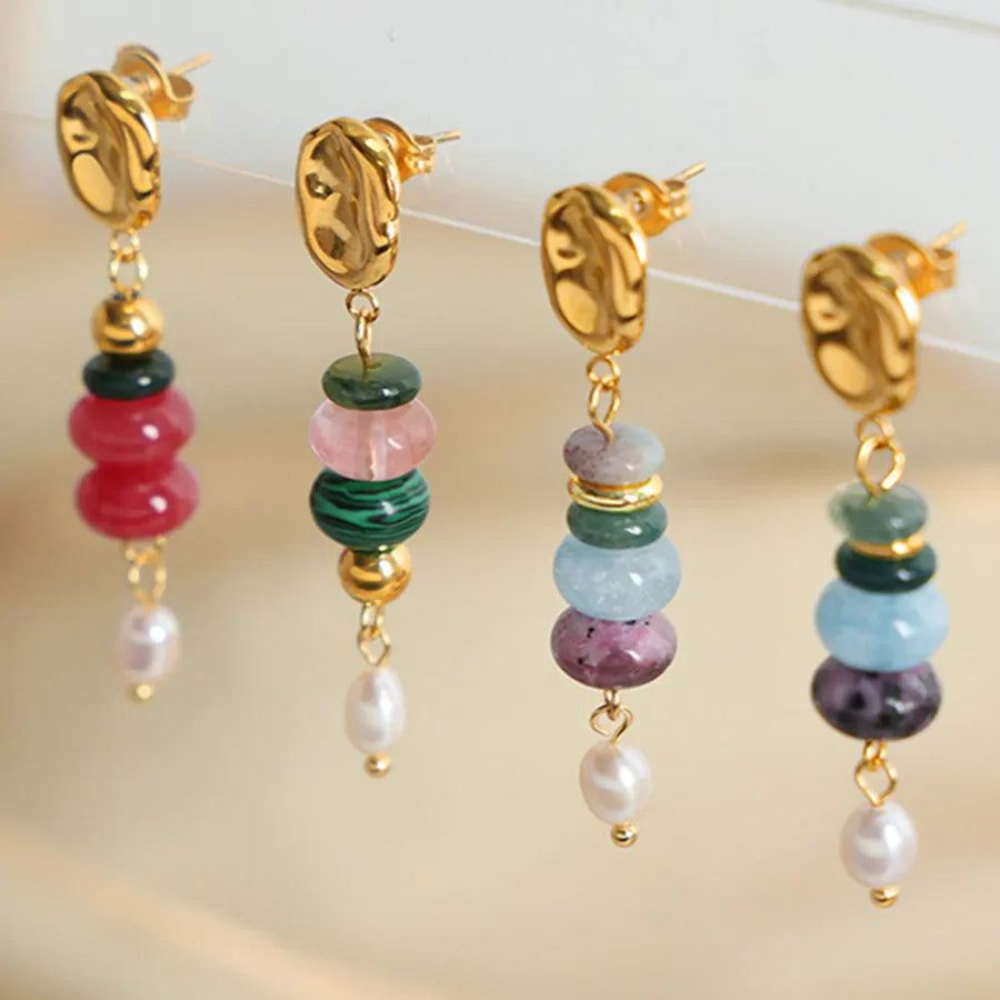 18K gold-plated stacked gemstone and pearl dangle earrings in red, green, and blue.