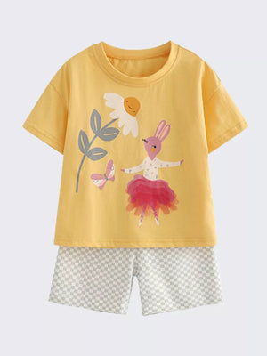 Yellow cotton baby outfit with bunny graphic tee and checkered shorts