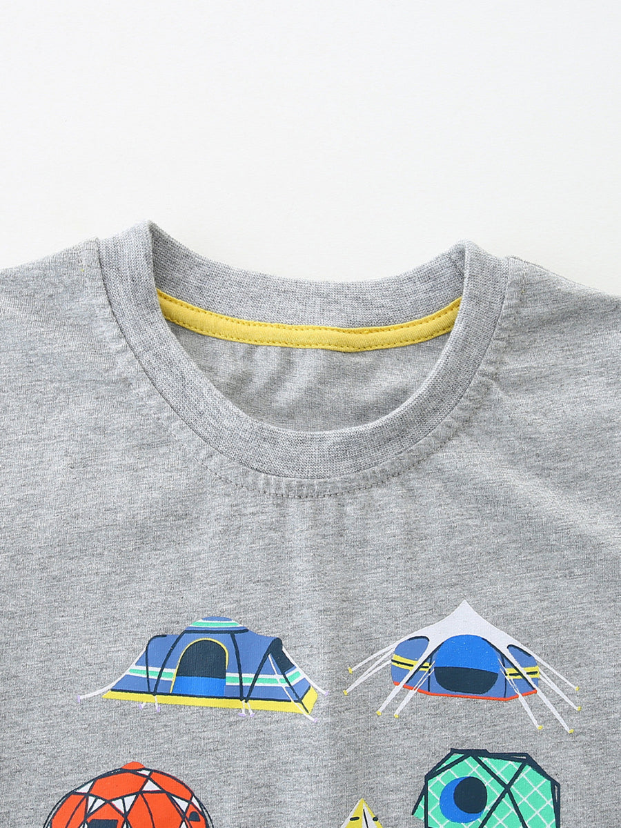 Grey cotton t-shirt with colorful camping tent graphic and yellow neck trim.