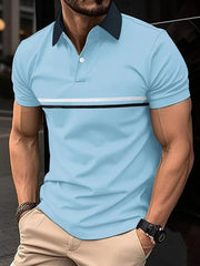 Pastel blue polo shirt with contrast stripes and navy collar.