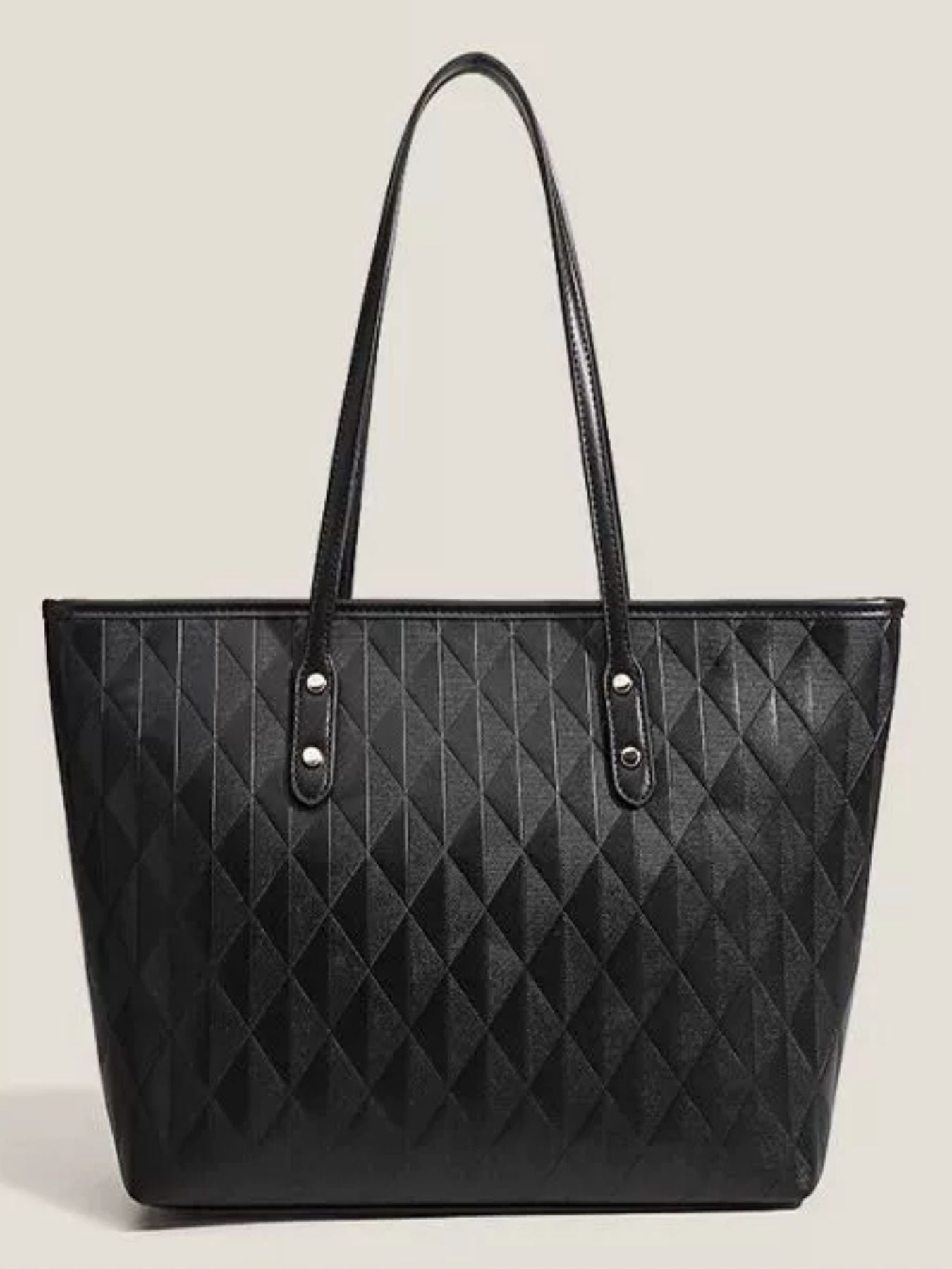 Black quilted PU leather tote bag with diamond pattern and top handles.