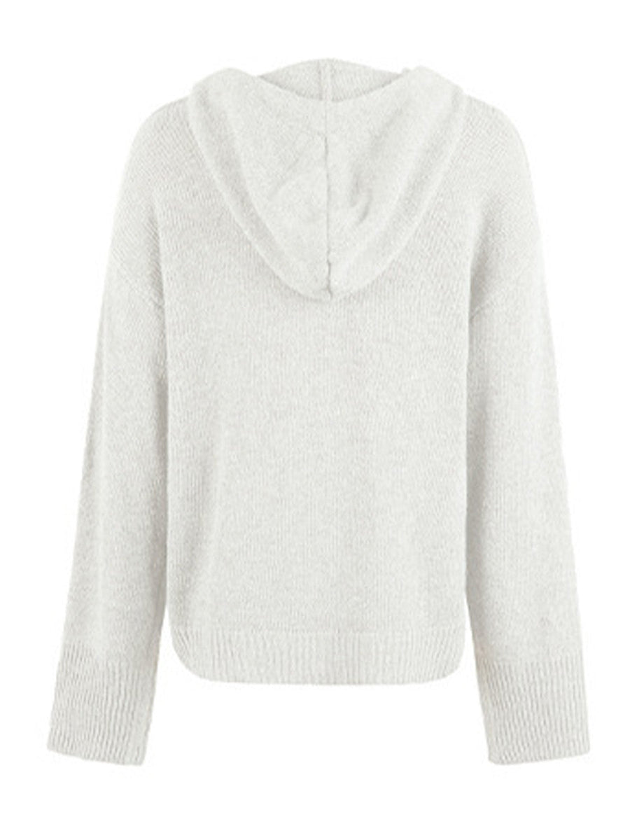 Relaxed knit hooded button-down cardigan in light gray with ribbed cuffs and hem.