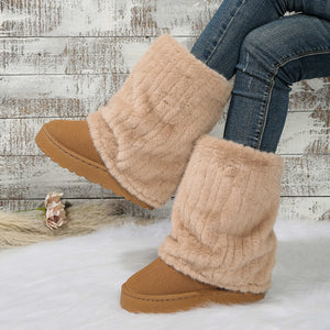 Suede Chunky-Sole Round Toe Platform Boots in Camel Color with round toe