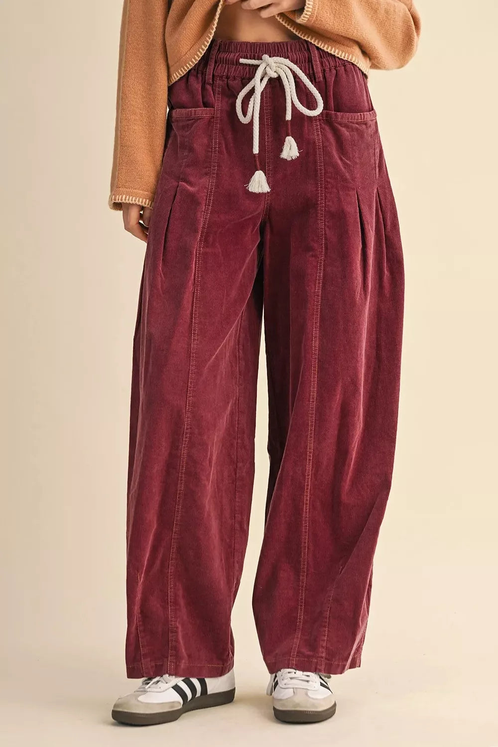 Burgundy Elastic Waist Drawstring Corduroy Casual Pants