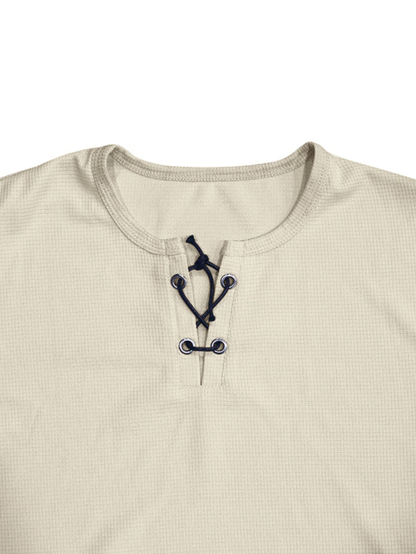 Apricot cotton t-shirt with V-neck lace-up detail and dark blue ties.