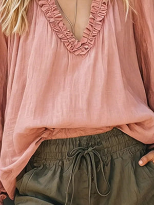 Black Frill V-neck Long Sleeve Blouse