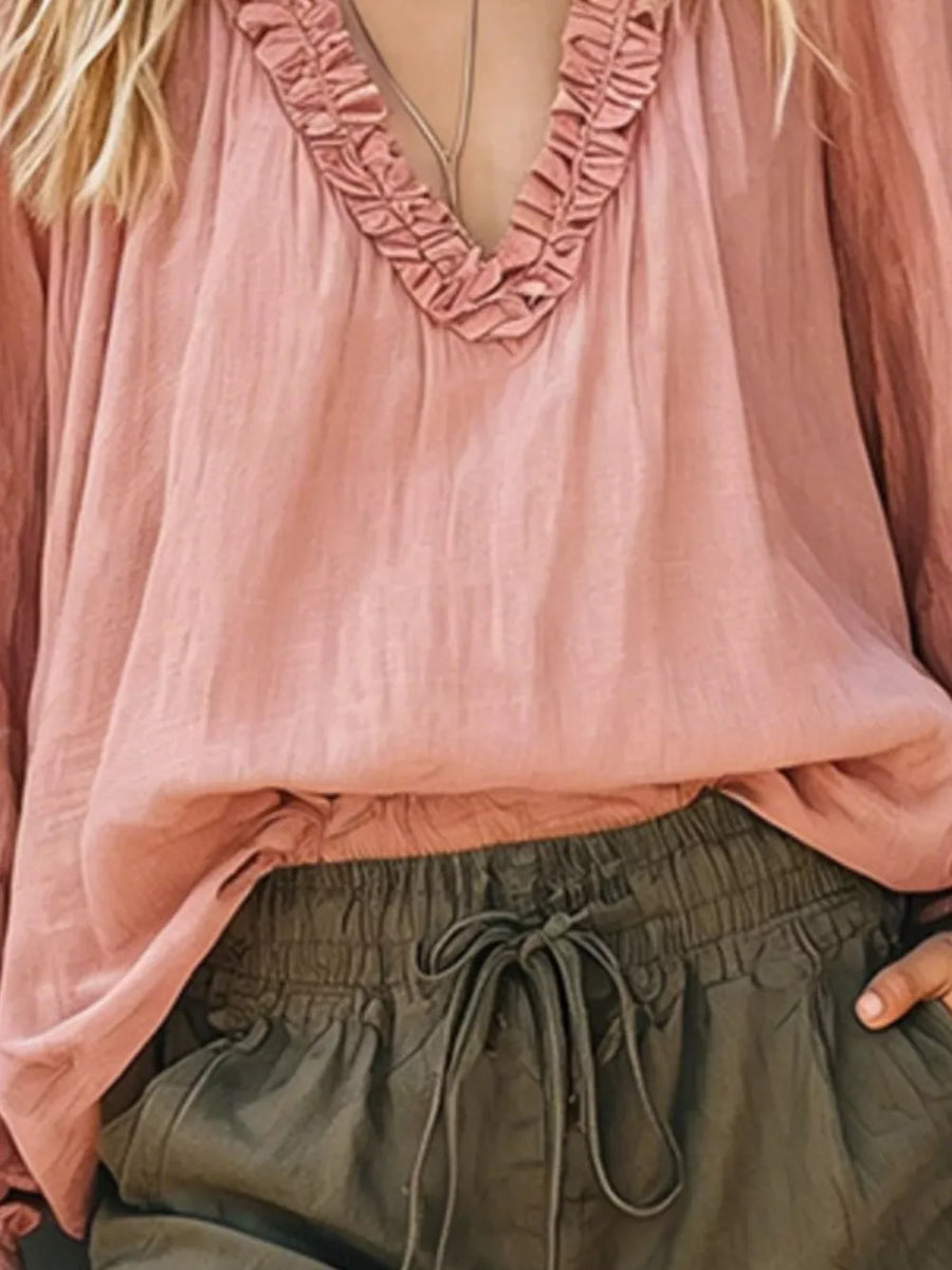 Black Frill V-neck Long Sleeve Blouse