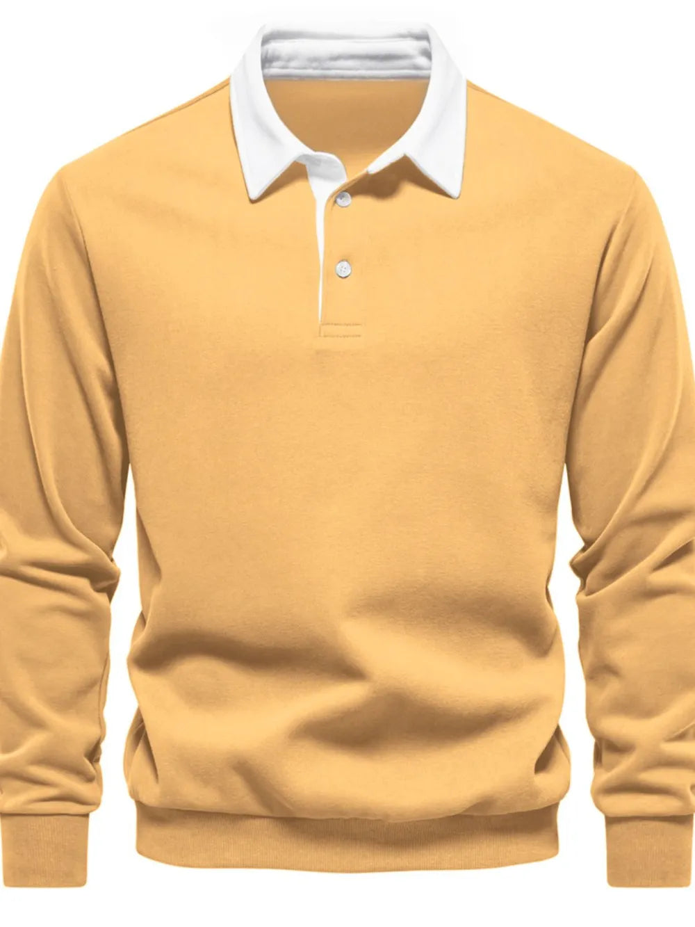 Gold long sleeve rugby sweatshirt with white collar and two button placket.