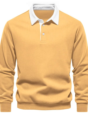 Gold long sleeve rugby sweatshirt with white collar and two button placket.