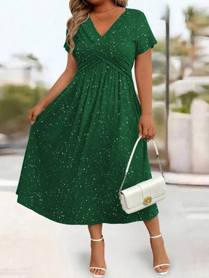 Twisted Front Short Sleeve Midi Dress With Pockets in Pink-Print with twisted
