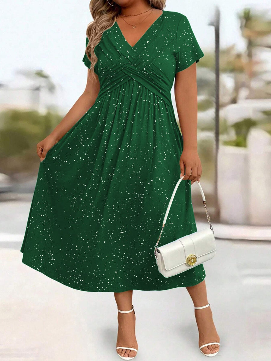 Twisted Front Short Sleeve Midi Dress With Pockets in Pink-Print with twisted