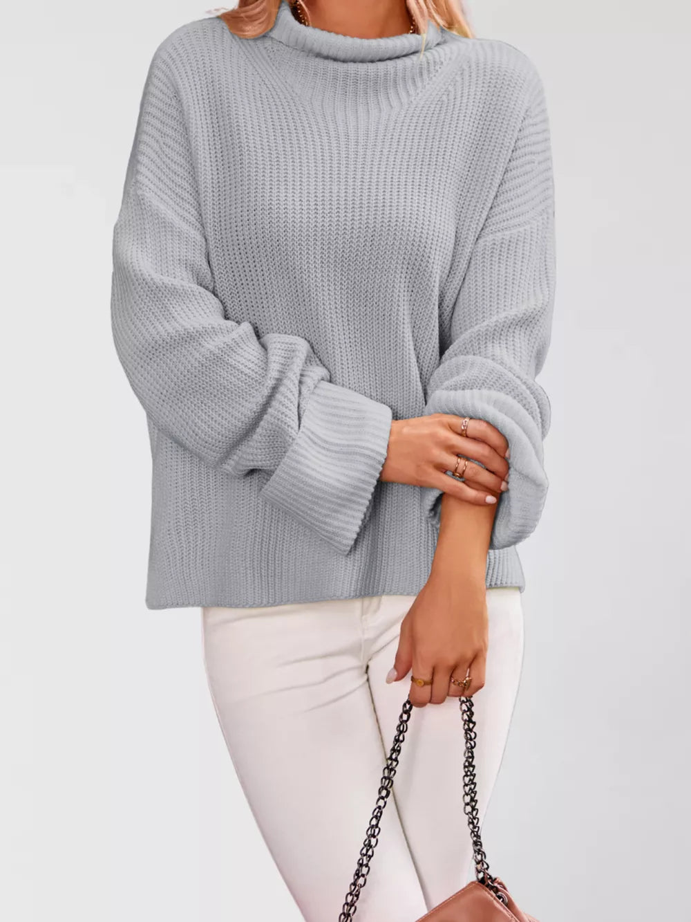 mock neck sweater in Light Gray with oversized and hip-length