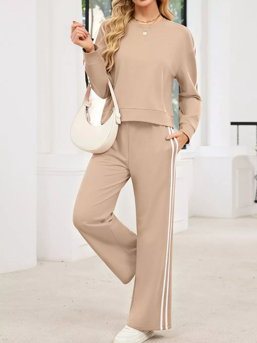 Black Striped Round Neck Sweatshirt And Pants Set