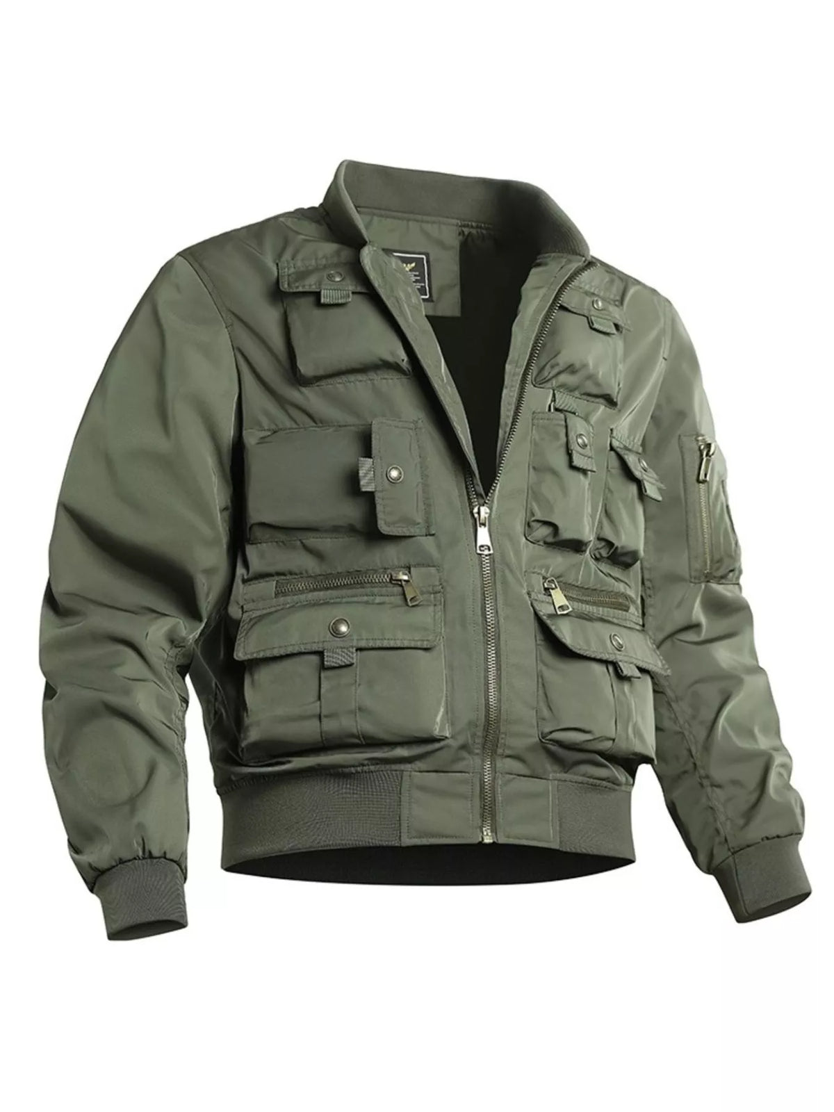 Men's moss utility zip-up jacket with multiple cargo pockets and bomber style cuffs.