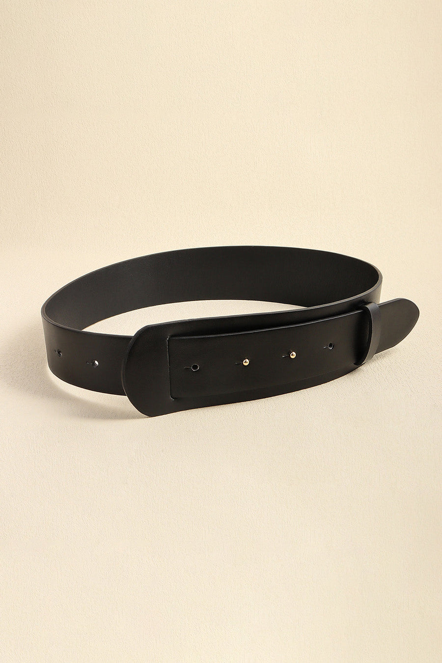 Black leather waist belt with a wide, sculpted design and adjustable buckle closure.