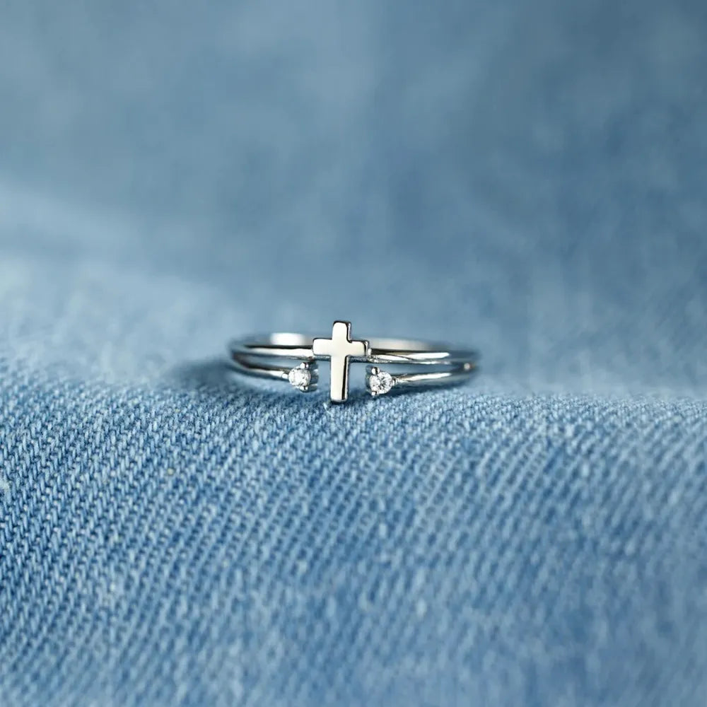 Double band cross ring in silver with crystals, 925 sterling silver, adjustable