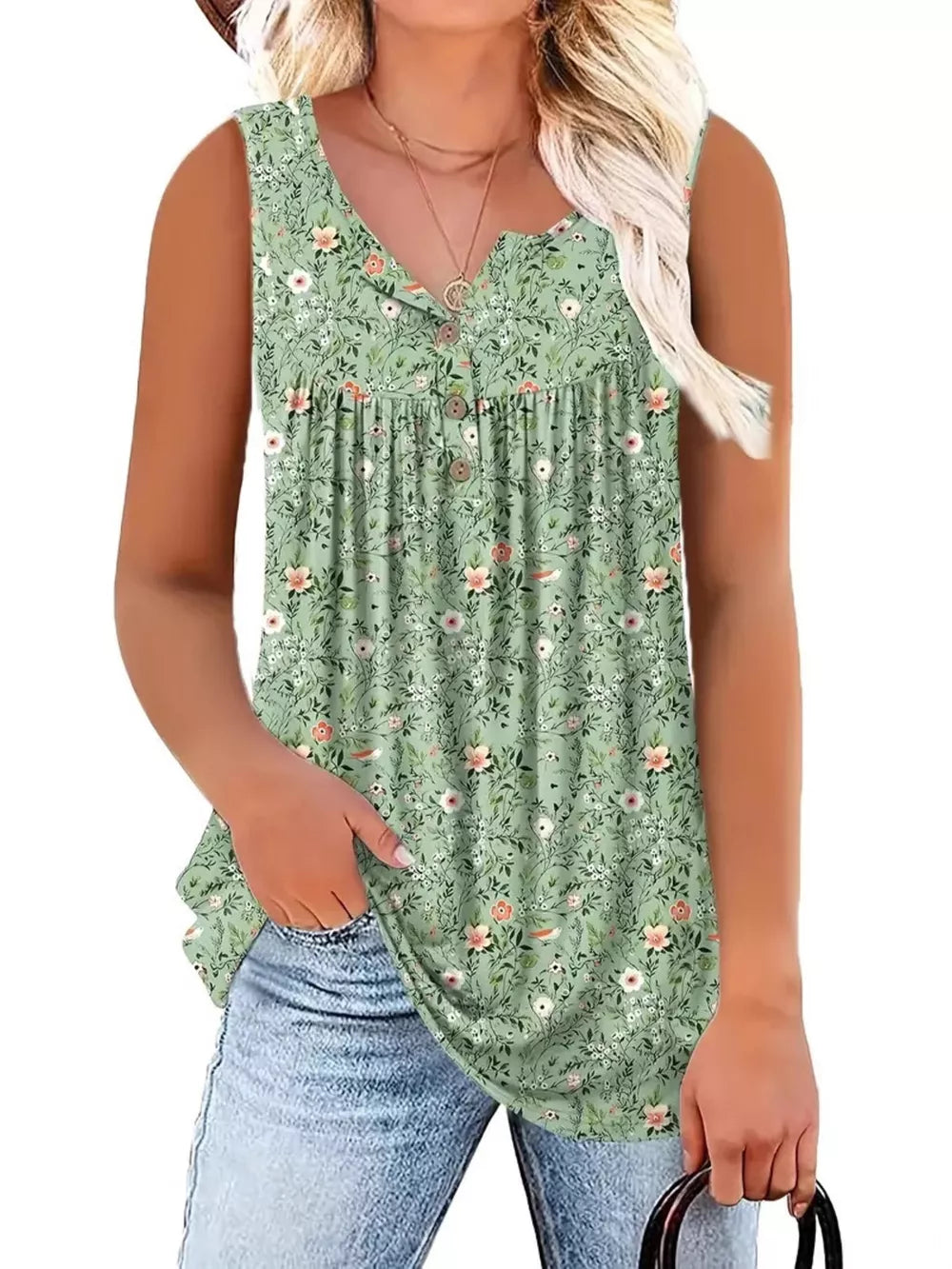 Light Green Floral Print Buttoned Henley Tank Top for Curvy Fit