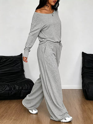 One-shoulder Top And Drawstring Pants Set Plus Size in Apricot, view 14