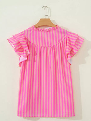 Vibrant striped blouse with ruffled neckline and flutter cap sleeves.