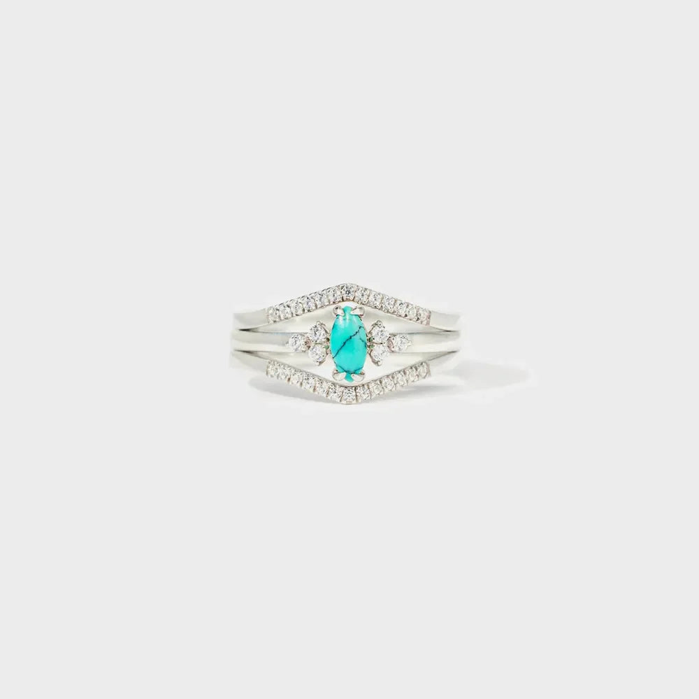 Silver stacked ring set with turquoise oval stone and pave diamonds, 925 sterling silver