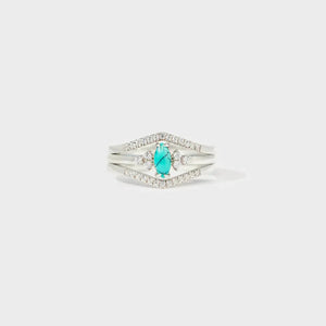 Silver stacked ring set with turquoise oval stone and pave diamonds, 925 sterling silver