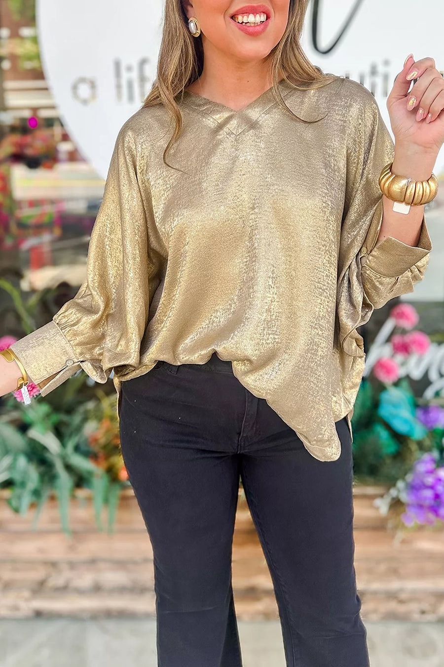 Metallic V Neck Button Cuffed Dolman Blouse in Gold