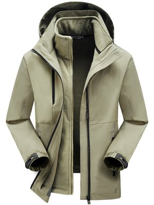 Khaki hooded zip jacket with fleece lining and black zipper details.