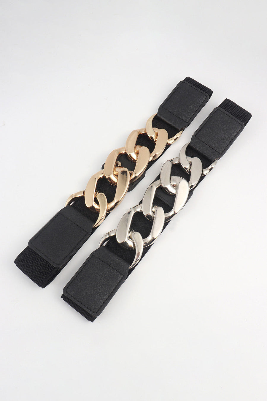 Chunky chain elastic belt with black fabric and gold or silver alloy chain detail