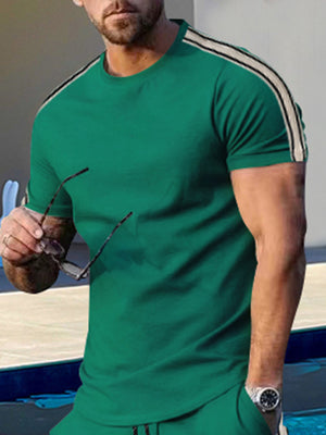 Men's dark green crew neck t-shirt with athletic stripe detail on shoulders, cotton.