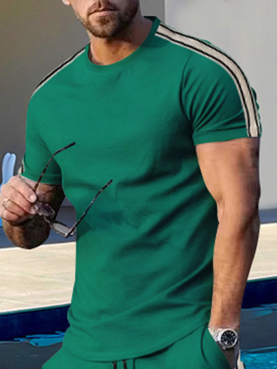 Men's dark green crew neck t-shirt with athletic stripe detail on shoulders, cotton.