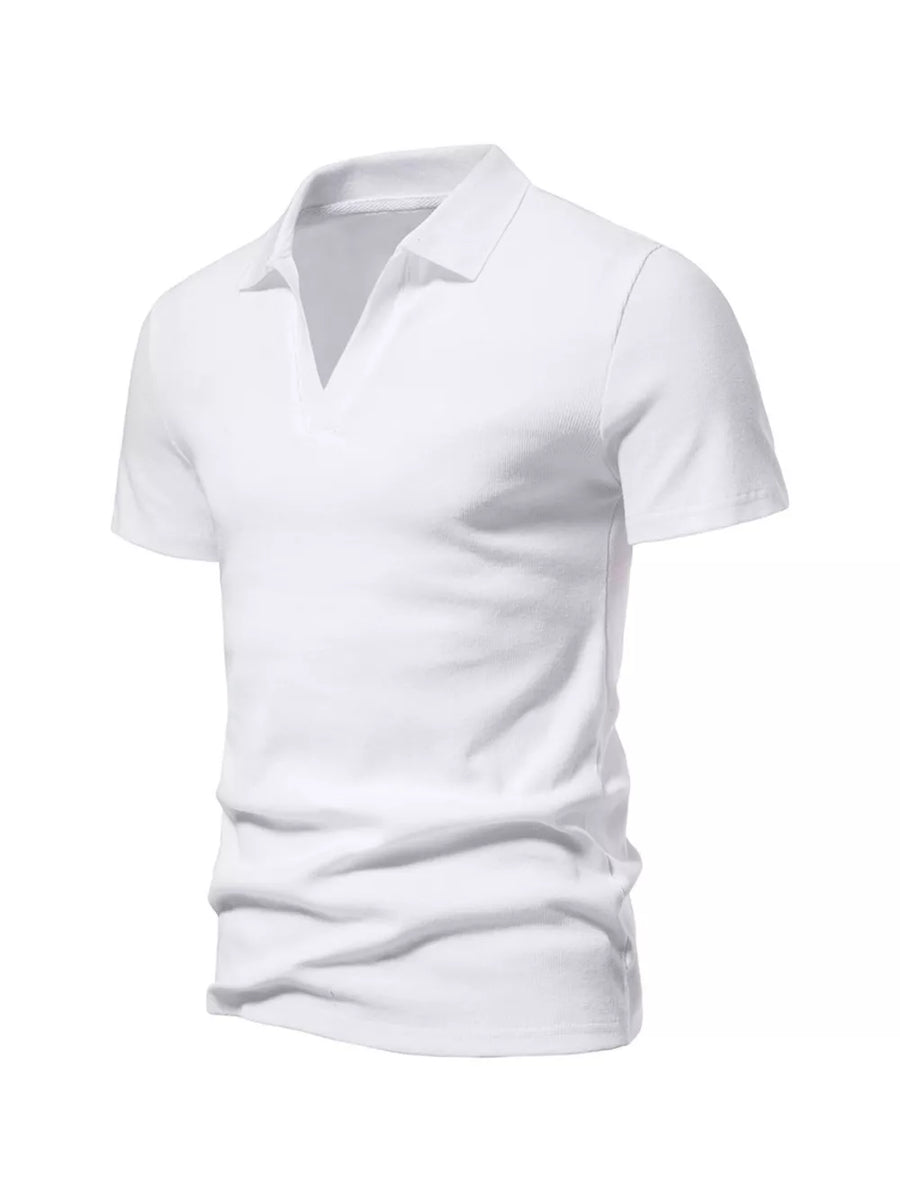 Men's white cotton blend polo shirt with notched collar and short sleeves.