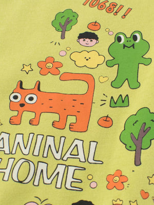 T-shirt with cartoon animal print and text.