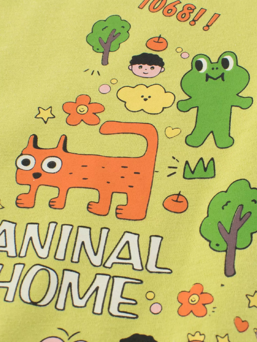 T-shirt with cartoon animal print and text.