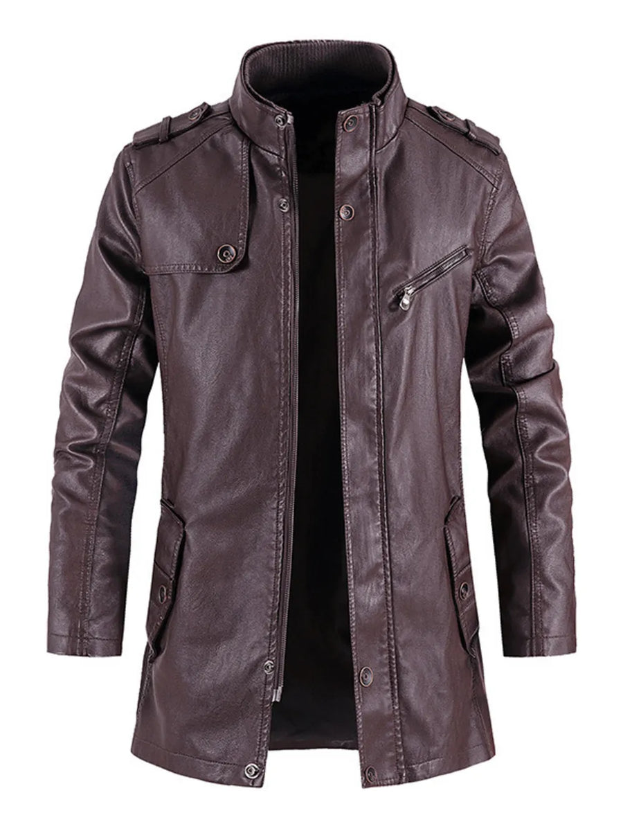 Men's brown faux leather zip-up jacket with snap-button epaulets and zippered chest pocket.
