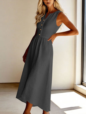 Gray sleeveless button front midi dress with a-line skirt and v-neck.