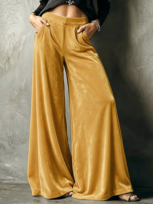 High-Waisted Wide-Leg Velvet Pants Plus Size in Pale Blush with pocketed