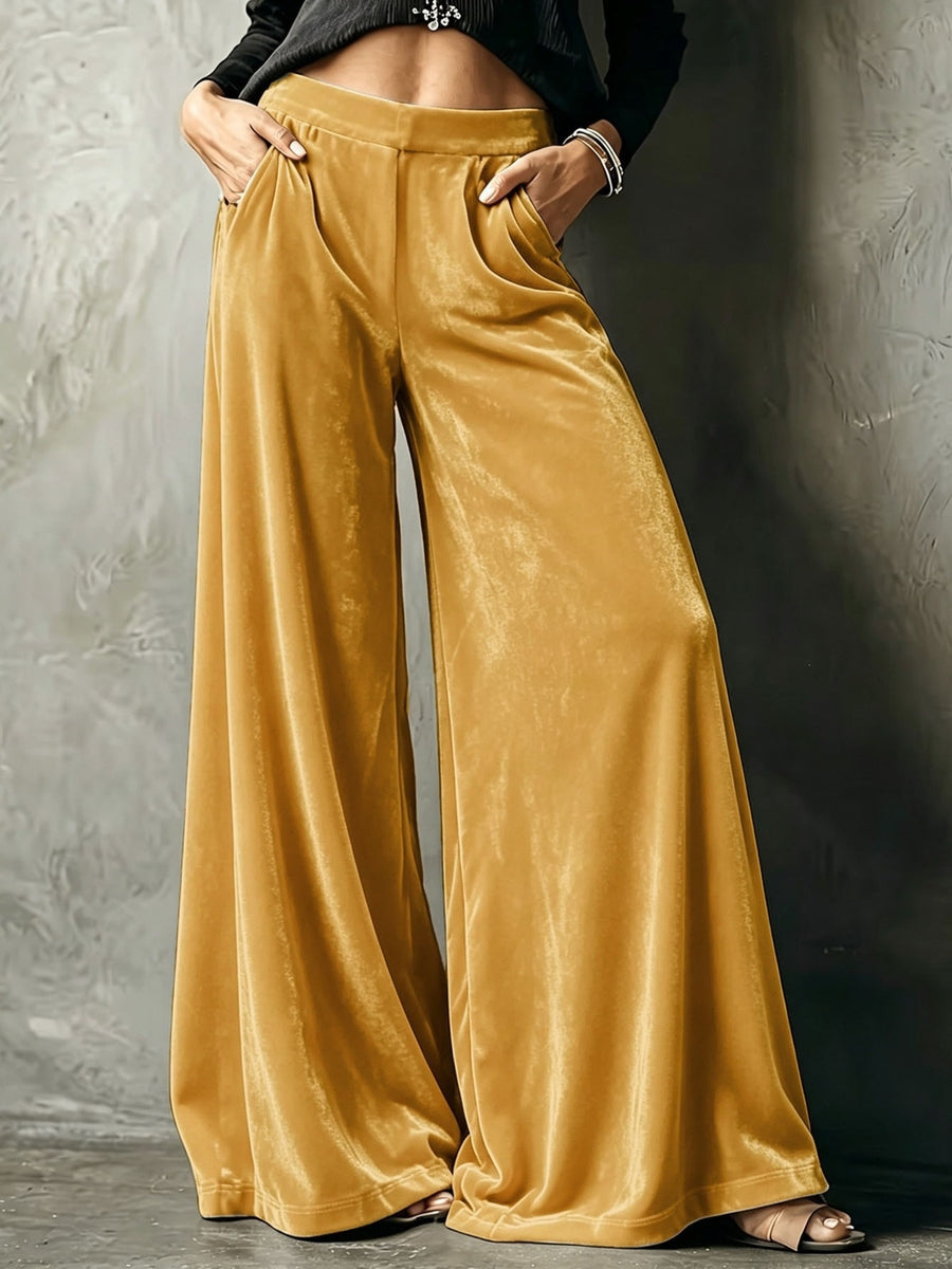 High-Waisted Wide-Leg Velvet Pants Plus Size in Pale Blush with pocketed