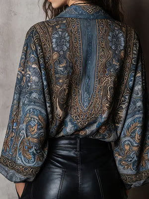 Navy blouse with hip-length and button-front