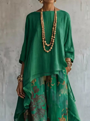 Black Asymmetrical Hem Top And Floral Pants Set