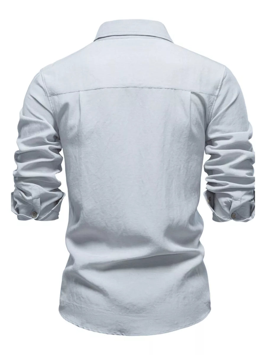 Gray green cotton button-up shirt with classic collar and buttoned cuffs